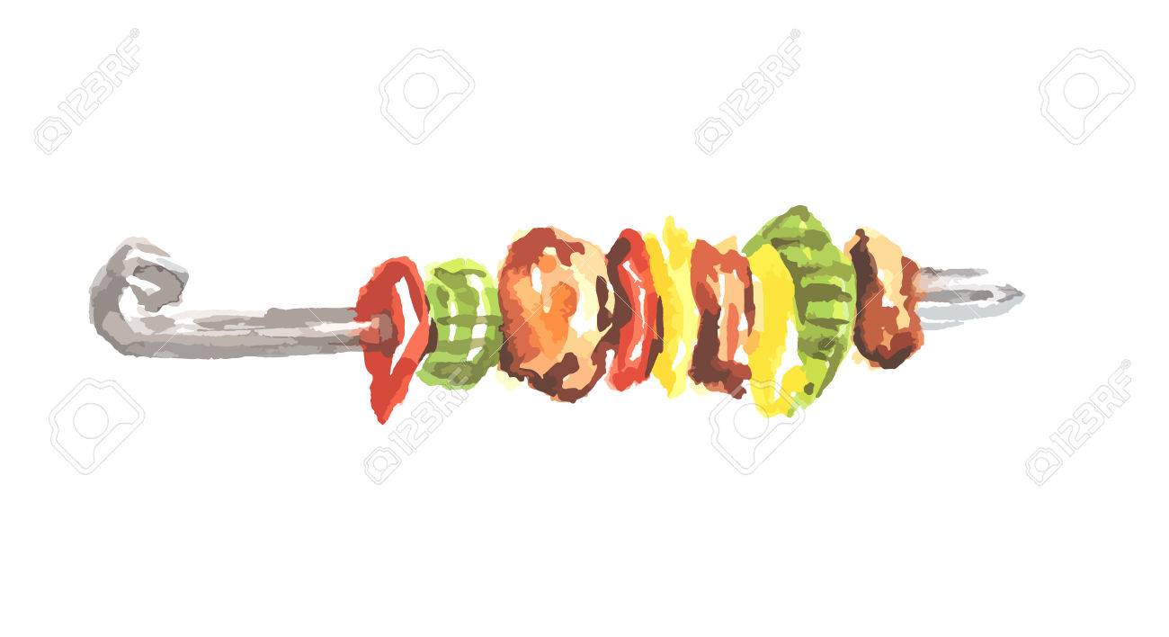 白い背景の水彩画の分離ケバブ 野菜串の焼き肉 屋外レストランやカフェに新鮮でおいしい食べ物 のイラスト素材 ベクタ Image