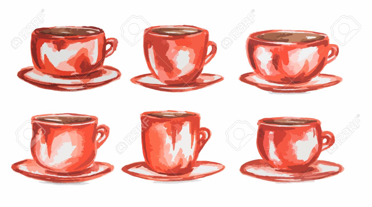 watercolor coffee set vintage retro red coffee cups on white