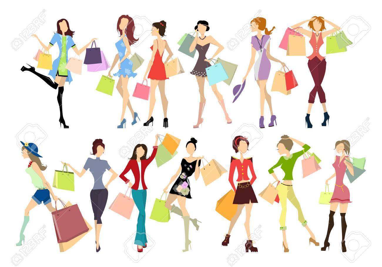Shopping women set. Elegant, young and slim women in different outfits with colorful shopping bags on white background. - 64398643 Shopping women set. Elegant, young and slim women in different outfits with colorful shopping bags on white background. - 64398643