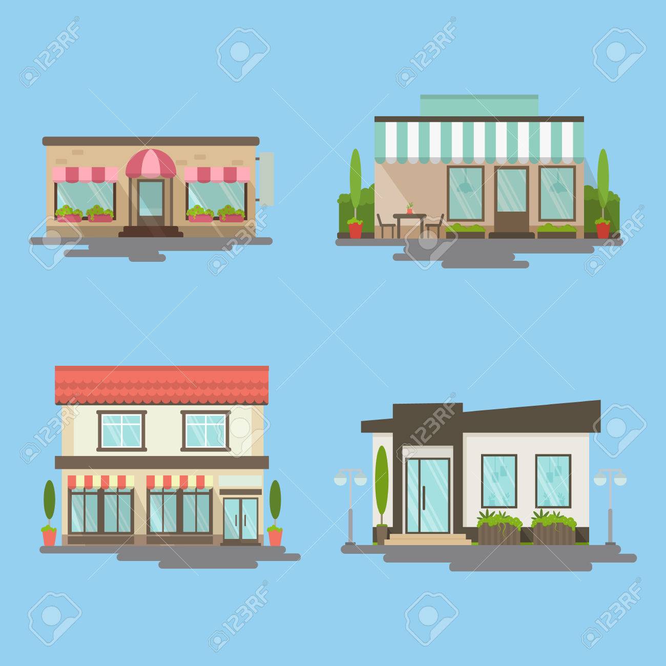 孤立したカフェは 青色の背景色に設定します 建物 Woth 窓 風景やドアの別のファサード ショップ カフェ レストランなどのアイデア のイラスト素材 ベクタ Image