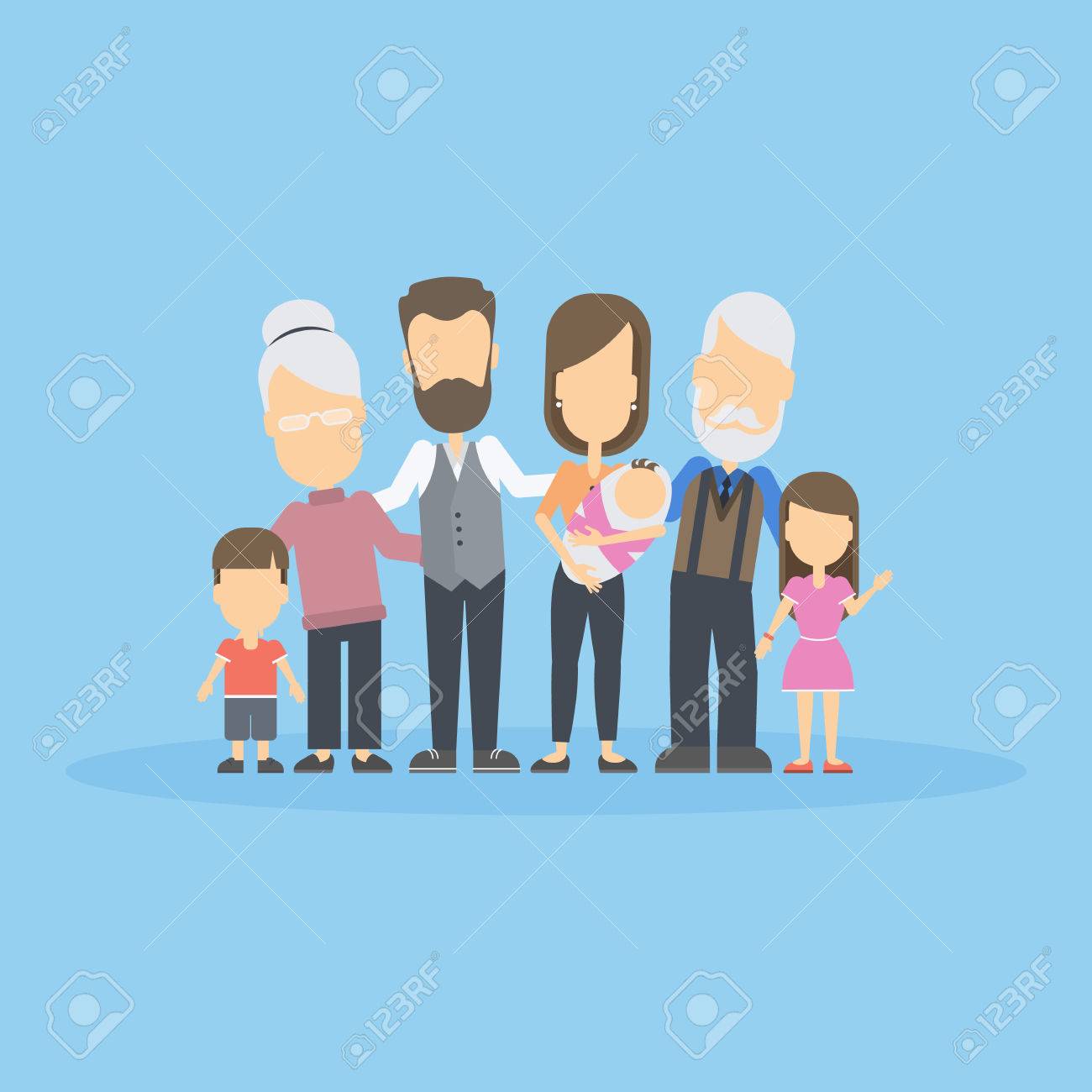 青の背景に分離の幸せな家族 両親 祖父母 子供 家族のすべてのメンバーが好きです のイラスト素材 ベクタ Image