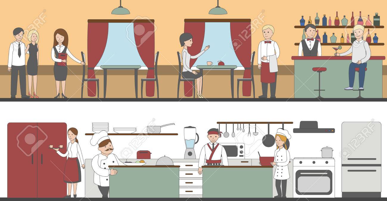 レストラン内装セット 美しいデザインのテーブル Waitstuff キッチン シェフと料理 のイラスト素材 ベクタ Image