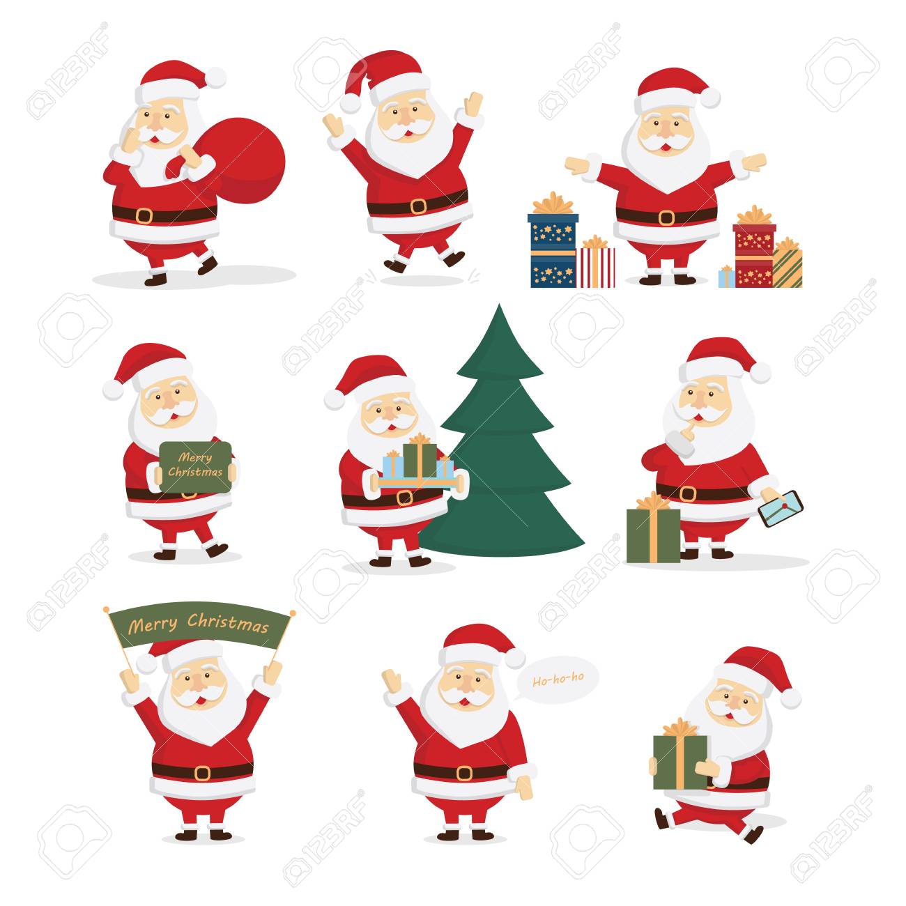santa claus set happy smiling santa with gifts christmas tree pictures of merry christmas signs