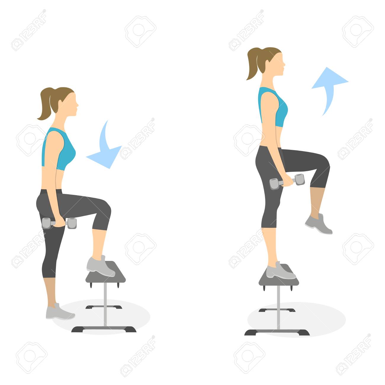 Stepup は 白い背景の上の足を運動します 健康的なライフ スタイル 脚のトレーニング 女性のための演習 のイラスト素材 ベクタ Image