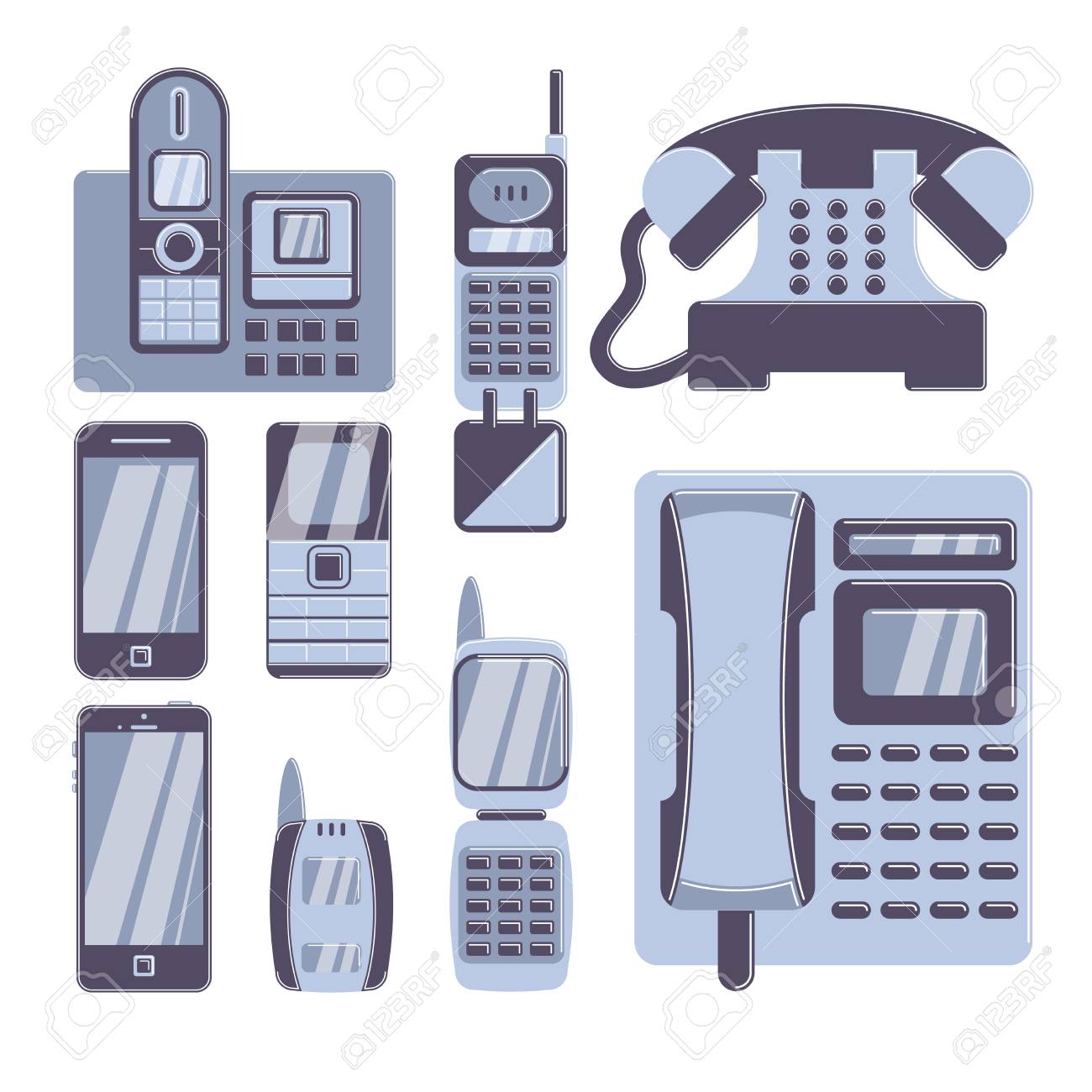 Retro phones set on white background. Folder phones, button phones and smartphones. - 70202399 Retro phones set on white background. Folder phones, button phones and smartphones. - 70202399
