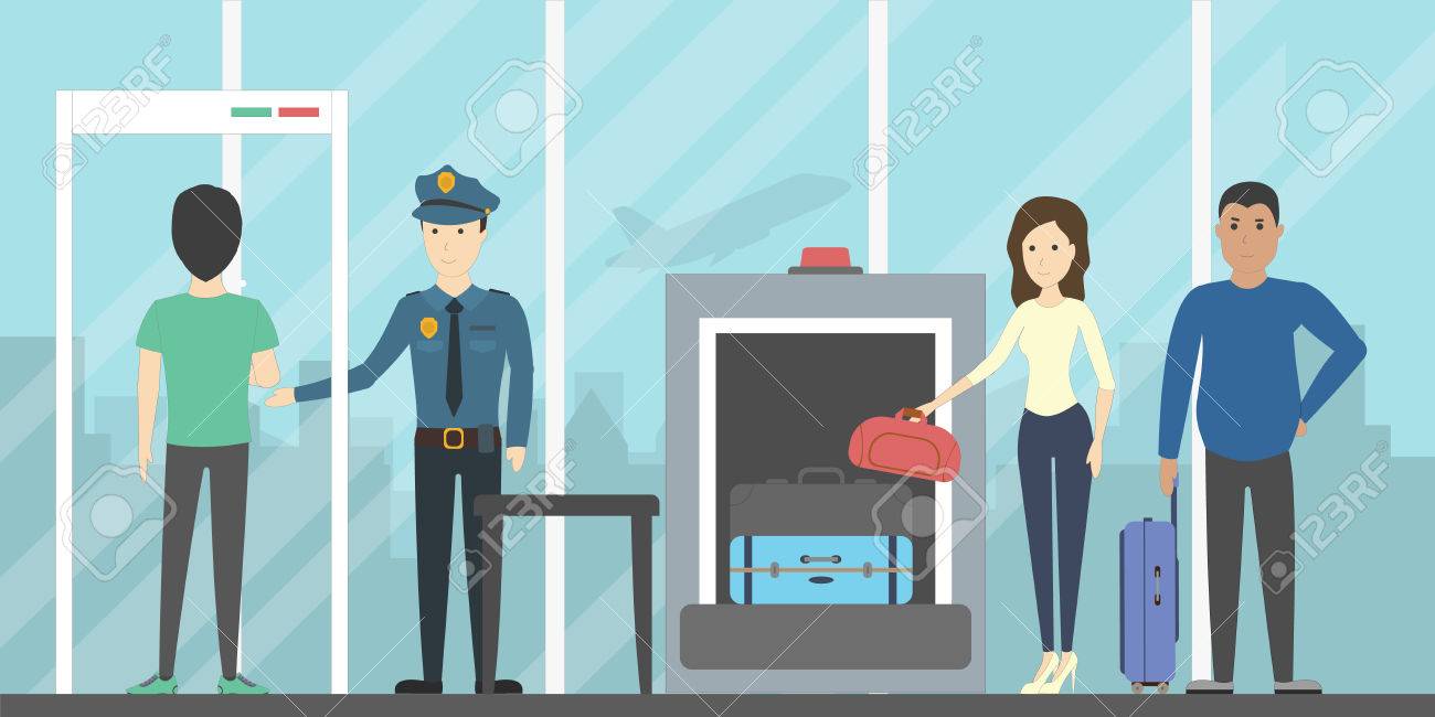 空港のセキュリティ チェック 人と荷物がゲートの検出器と X 線で警察によってチェックされます のイラスト素材 ベクタ Image