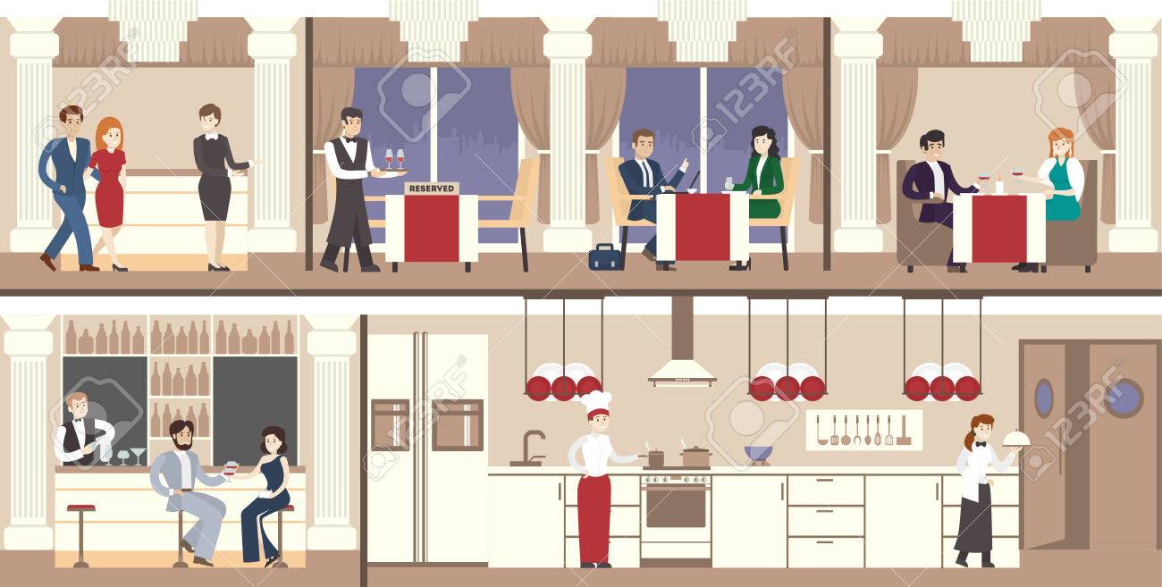 レストラン内装セット 高級レストランの訪問者 ウェイター キッチン のイラスト素材 ベクタ Image