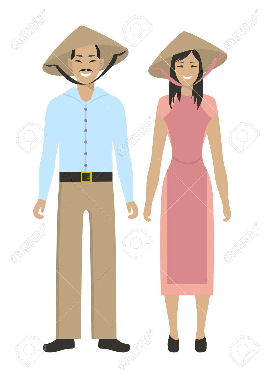 白い背景の上孤立したベトナム人カップル 男性と女性の伝統的な衣服 のイラスト素材 ベクタ Image