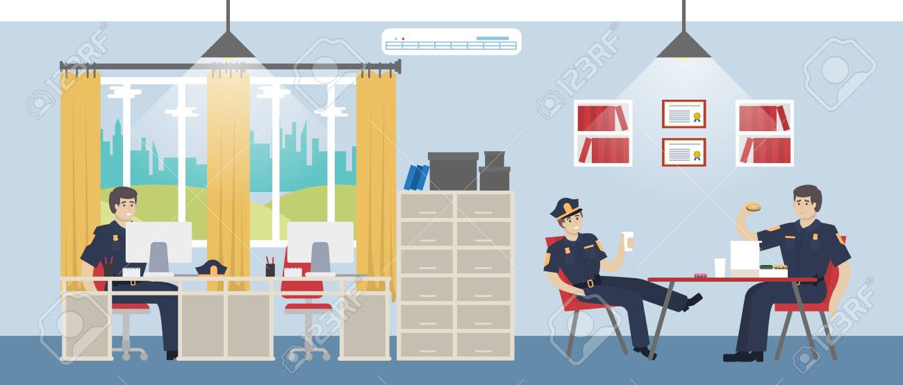 警察事務室 役員は リラックスし ドーナツを食べる のイラスト素材 ベクタ Image 警察事務室 役員は リラックスし ドーナツを食べる のイラスト素材 ベクタ Image