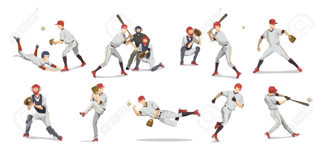 Baseball Players Set On White Background. Team Sport With Bat And Ball.  Royalty Free SVG, Cliparts, Vectors, and Stock Illustration. Image 78096378., image size:1300x626