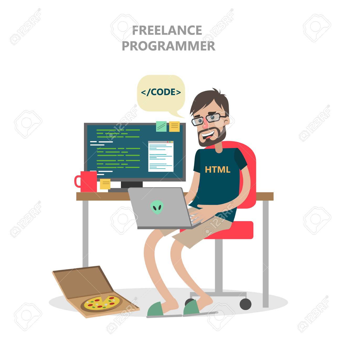 isolated freelance programmer with computer and laptop royalty free freelance computer programming