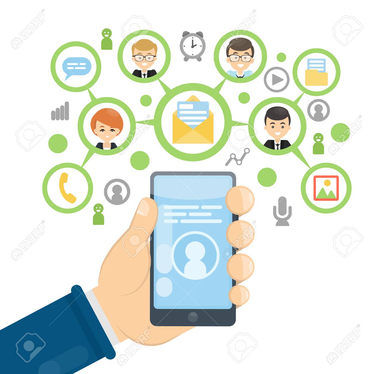 Concept For Social Network Apps On Cellphone, Clip-art Design Style.  Royalty Free SVG, Cliparts, Vectors, and Stock Illustration. Image 88369410., image size:1300x1300