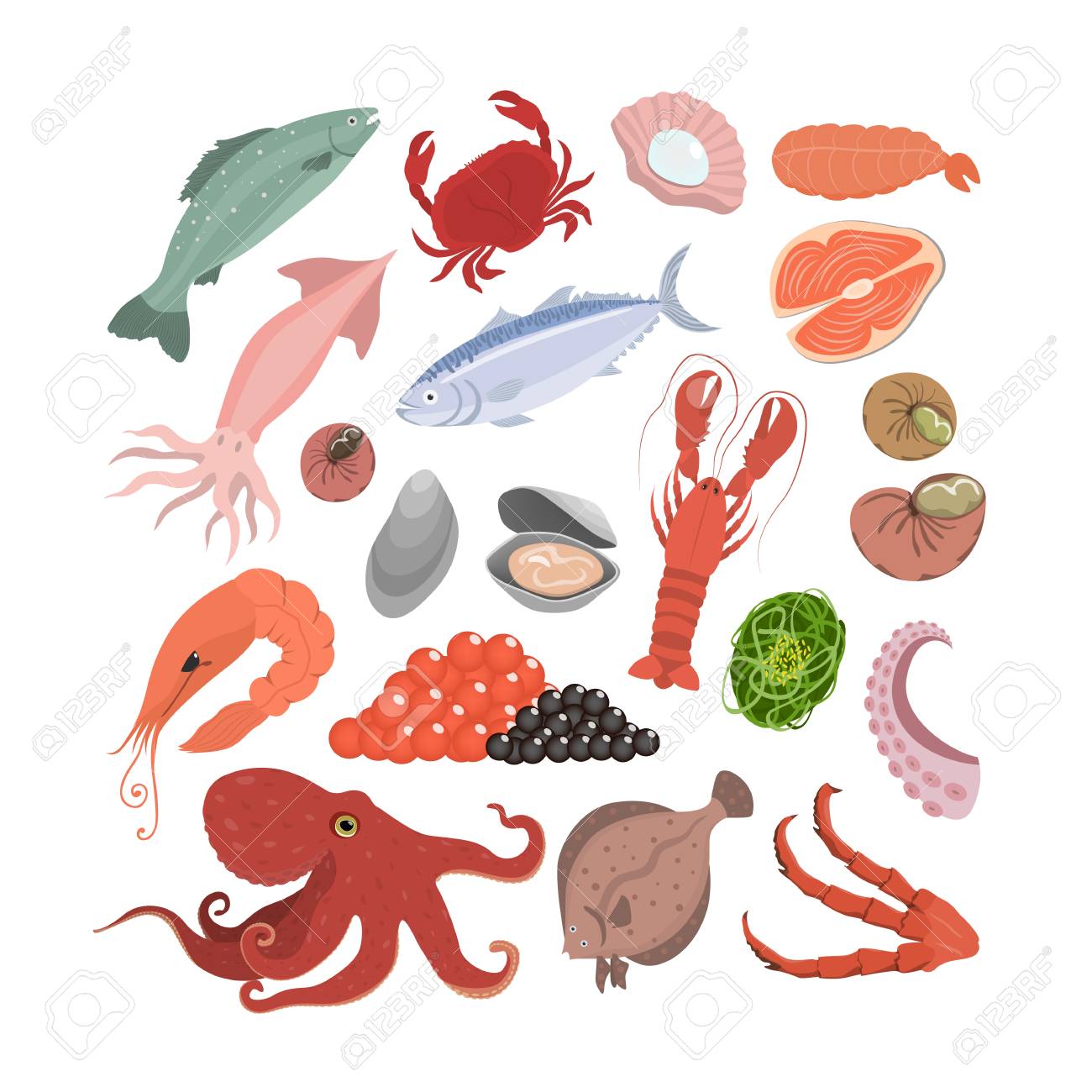 海の食べ物セット 魚とカニ エビとタコ のイラスト素材 ベクタ Image