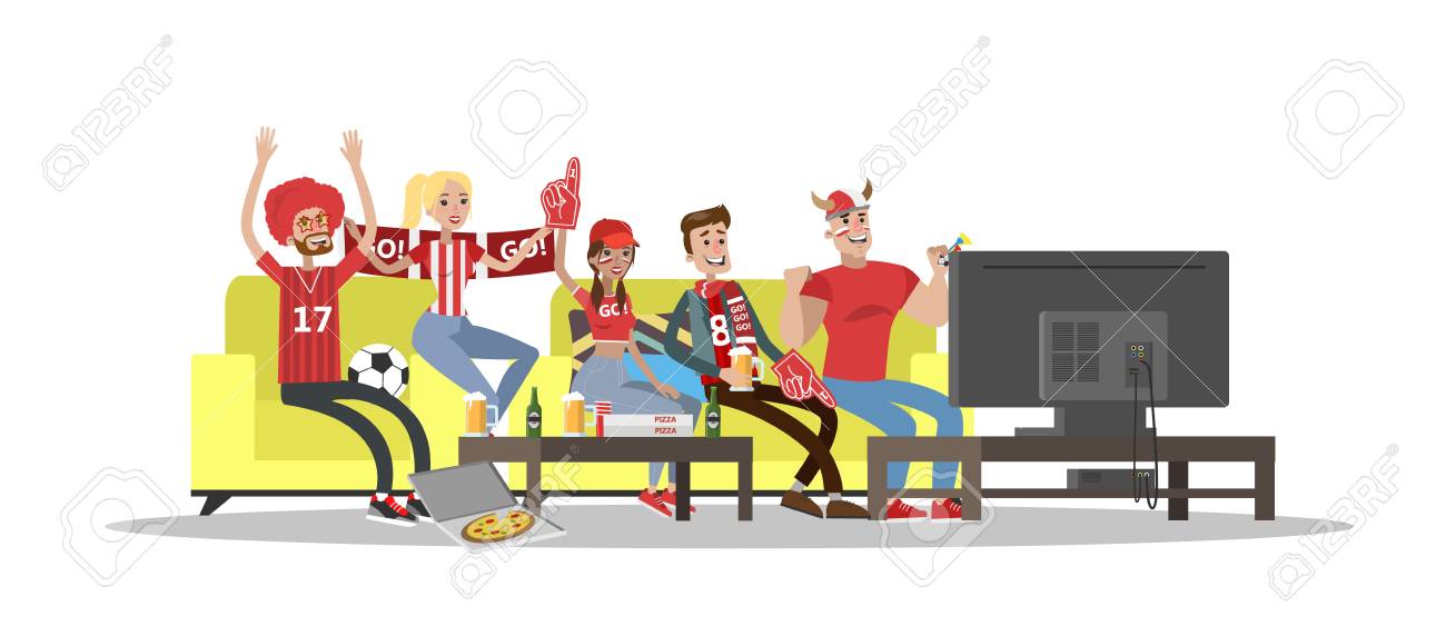 football fans watch tv in home on white background royalty free