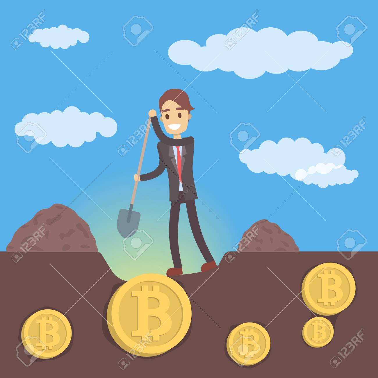 ビットコインのマイニング。お金のために掘る設備を持つ男。のイラスト素材・ベクター Image 99502396