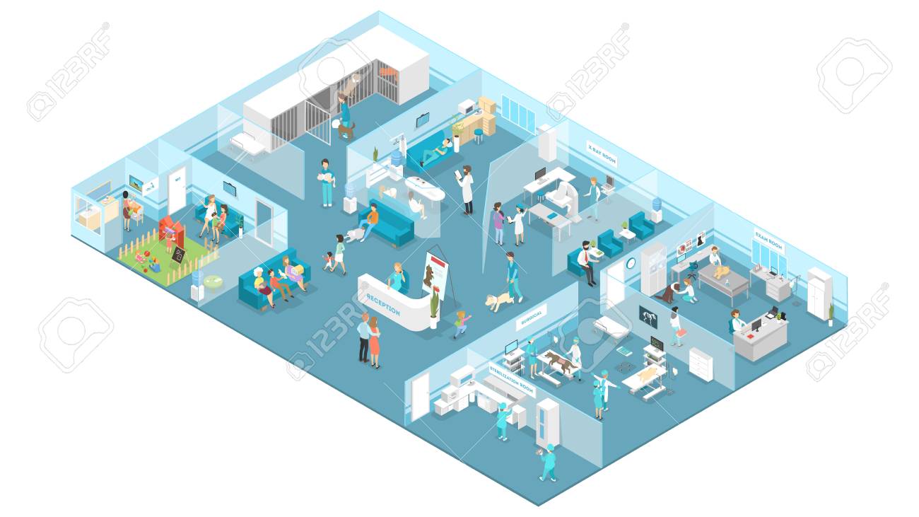 Veterinary clinic interior with reception, waiting hall, examination and operating rooms. Animal treatment. Doctors and sick pets. Isolated isometric vector illustration - 114697168 Veterinary clinic interior with reception, waiting hall, examination and operating rooms. Animal treatment. Doctors and sick pets. Isolated isometric vector illustration - 114697168