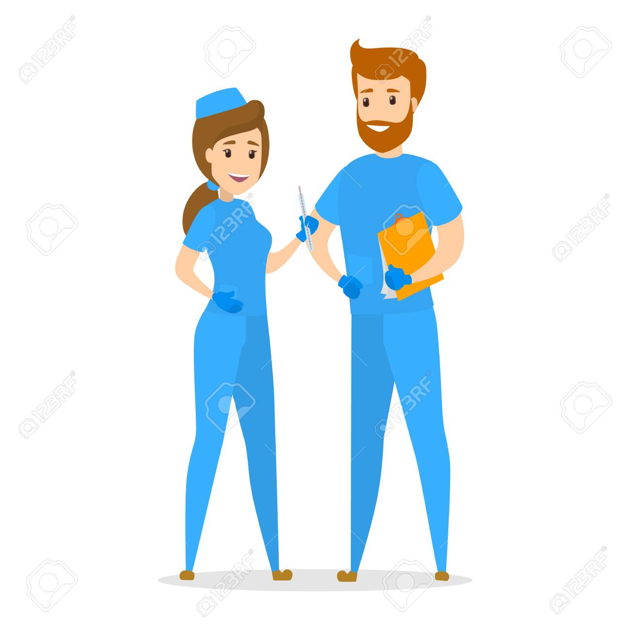 Nurse couple standing in blue uniform. Smiling medicine workers. Isolated flat vector illustration - 105843699 Nurse couple standing in blue uniform. Smiling medicine workers. Isolated flat vector illustration - 105843699