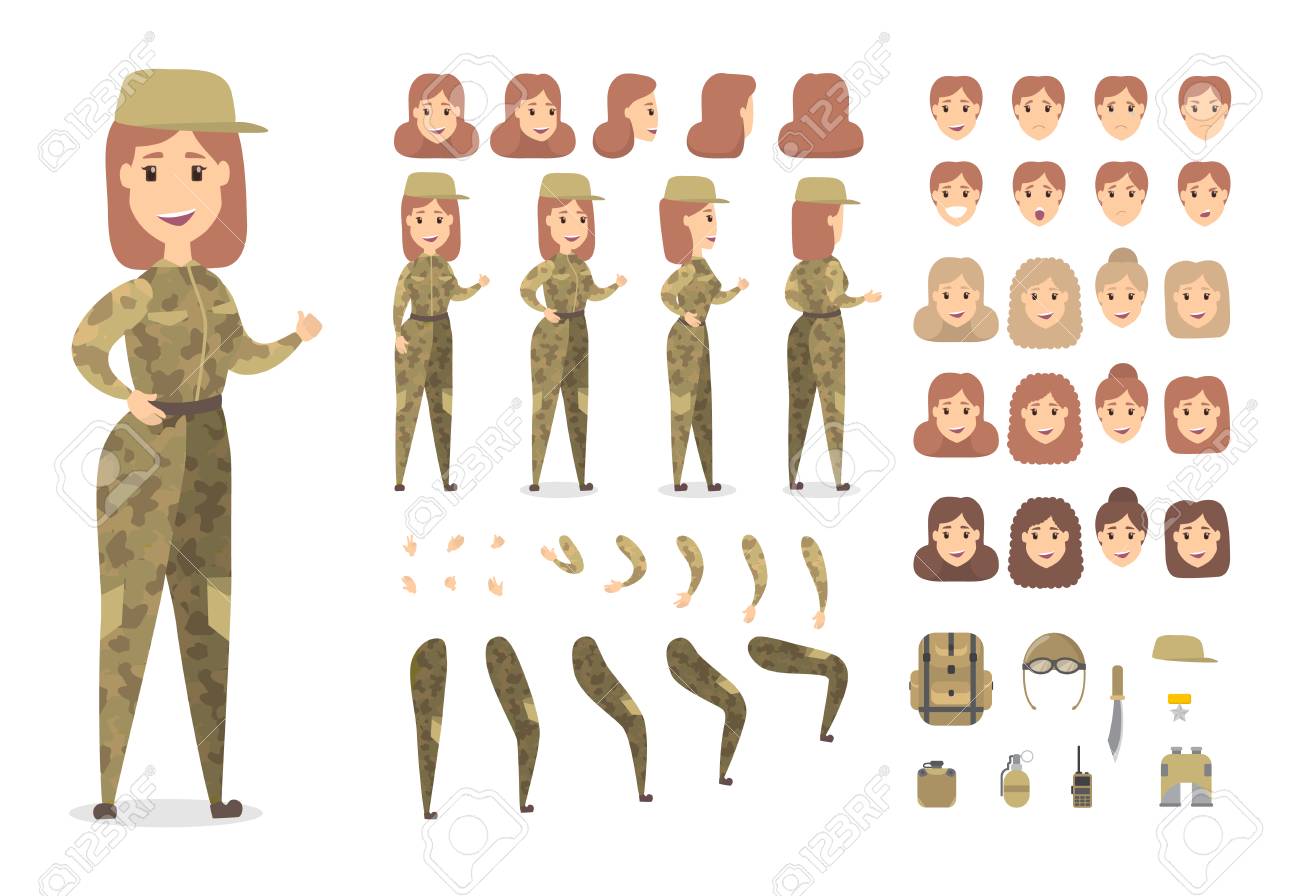 Pretty Female Military Character Set For Animation With Various
