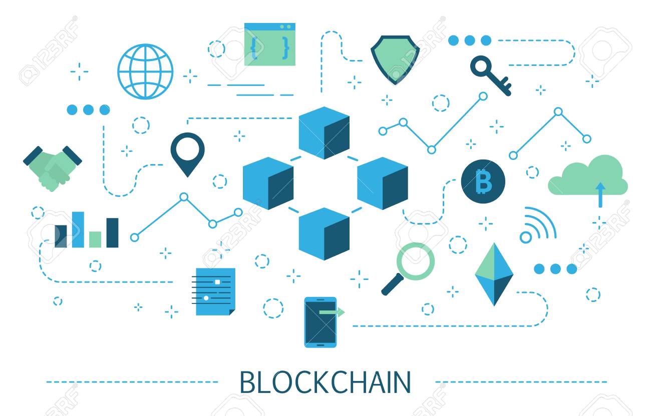 블록체인 개념입니다. 현대 디지털 기술입니다. 안전한 금융 거래의 아이디어. 암호화폐와 비트코인. 격리 된 벡터 일러스트 레이 션  로열티 무료 사진, 그림, 이미지 그리고 스톡포토그래피. Image 110458805