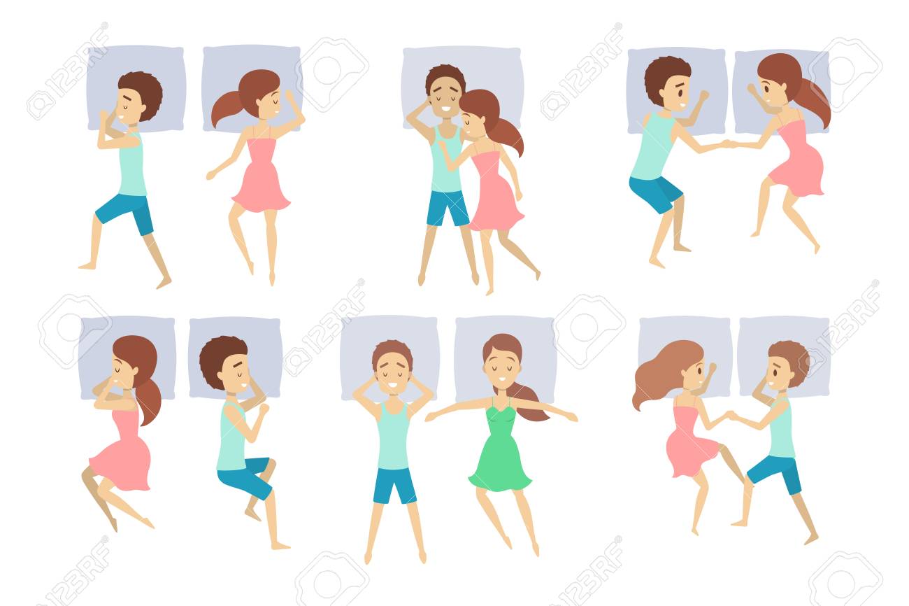 Set Of Couple Sleep In Different Position Female Character In