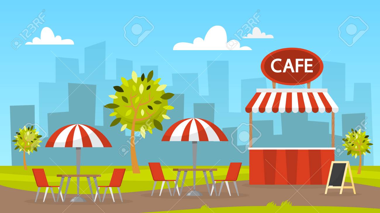 Street Cafe. Outdoor Cafeteria. City Landscape On Background. Cafe In The  Park. Vector Illustration In Cartoon Style Royalty Free SVG, Cliparts,  Vectors, and Stock Illustration. Image 117578192., image size:1300x731