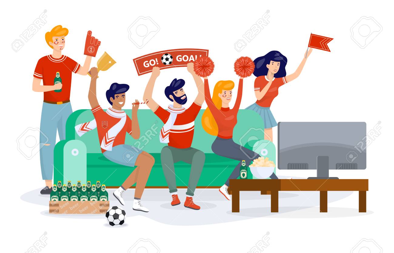 Football Fan In Sport Clothes Watching Soccer On The TV. Supporter And  Championship. People On The Sofa. Isolated Vector Cartoon Illustration  Клипарты, SVG, векторы, и Набор Иллюстраций Без Оплаты Отчислений. Image  122878398