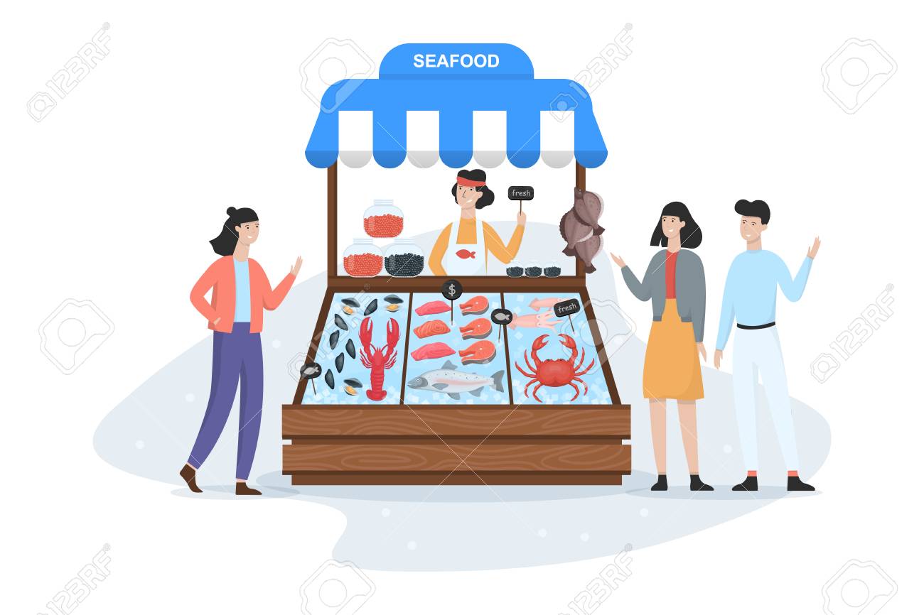 Fish Market Concept Seafood In Ice And Seller Standing Salmon And Tuna Showcase Full Of Fish Street Counter And Customer Isolated Vector Cartoon Illustration Royalty Free Cliparts Vectors And Stock Illustration Image