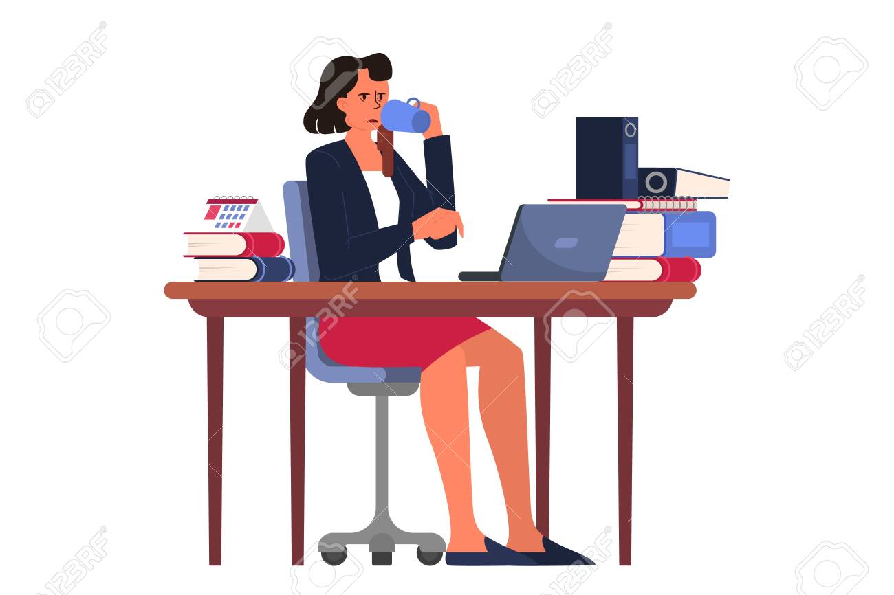 Exhausted businesswoman drinking coffee in the office. Deadline concept. Idea of many work and few time. Business problems. Isolated vector illustration in cartoon style - 136113972 Exhausted businesswoman drinking coffee in the office. Deadline concept. Idea of many work and few time. Business problems. Isolated vector illustration in cartoon style - 136113972