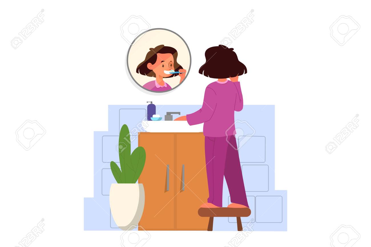 School Girl Schedule Concept. Little Girl Standing In The Bathroom Royalty  Free SVG, Cliparts, Vectors, and Stock Illustration. Image 139215172., image size:1300x866