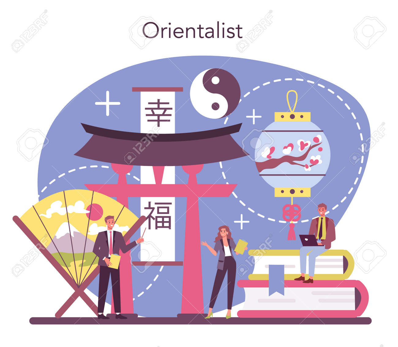 Orientalist Concept Professonal Scientist Studying Near And Far Ilustraciones Vectoriales Clip Art Vectorizado Libre De Derechos Image