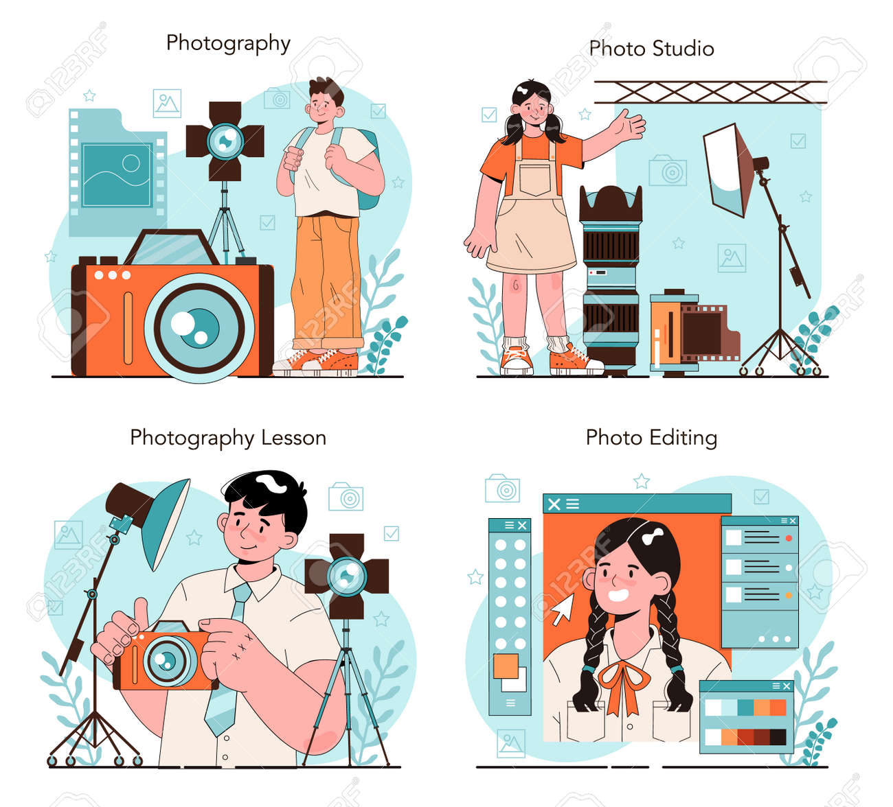 Clube Da Escola De Fotografia Ou Conjunto De Lições. Estudantes Lendo Para Tirar Fotos, Royalty Free SVG, Cliparts, Vetores, e Ilustrações Stock. Image 188623158