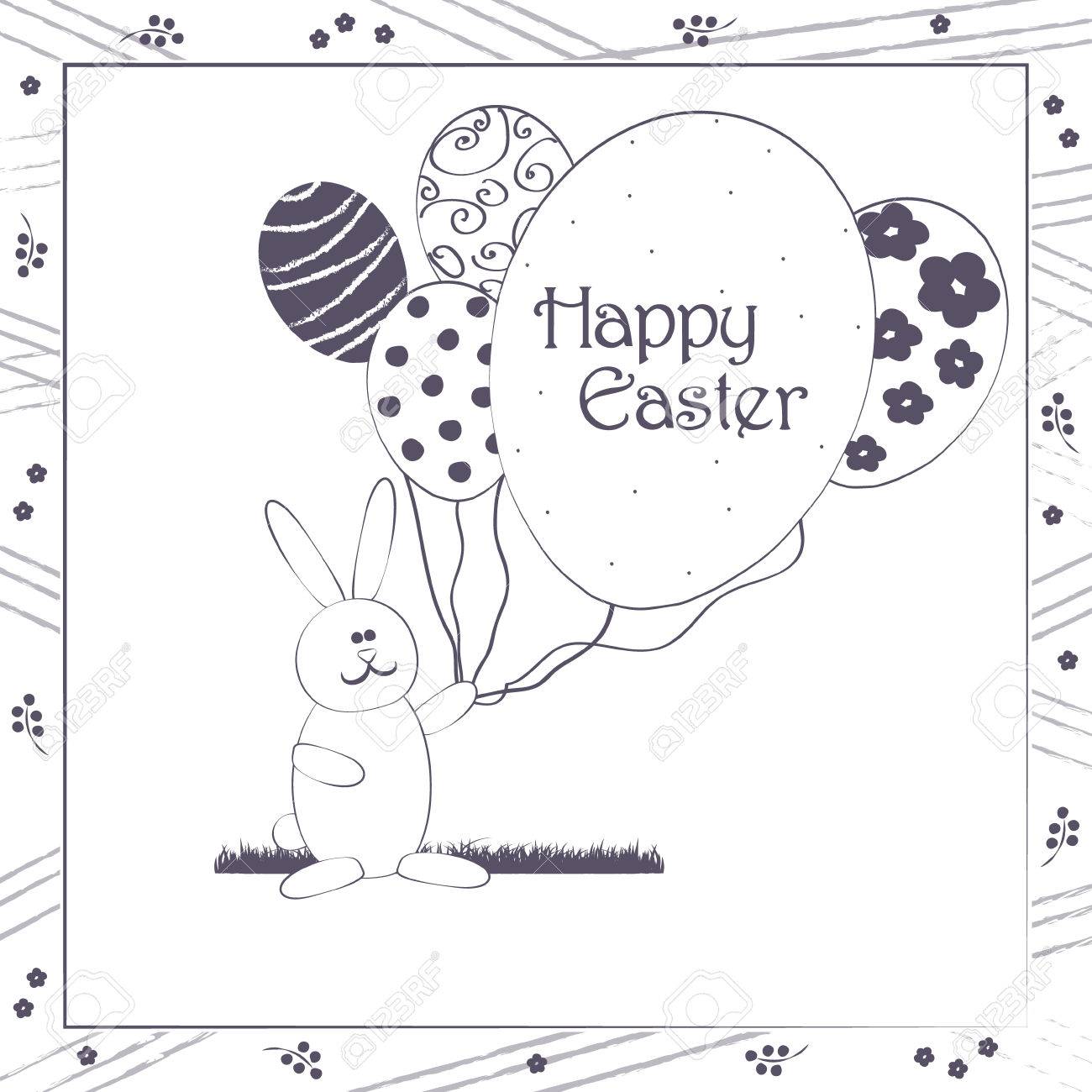 幸せなイースターのグリーティング カード ベクトル イラスト 風船が卵の形に似たかわいいイースターのウサギ 伝統的な春の休日招待状 グリーティング カード テンプレートです 編集可能な層 サンプル テキスト のイラスト素材 ベクタ Image 38427604