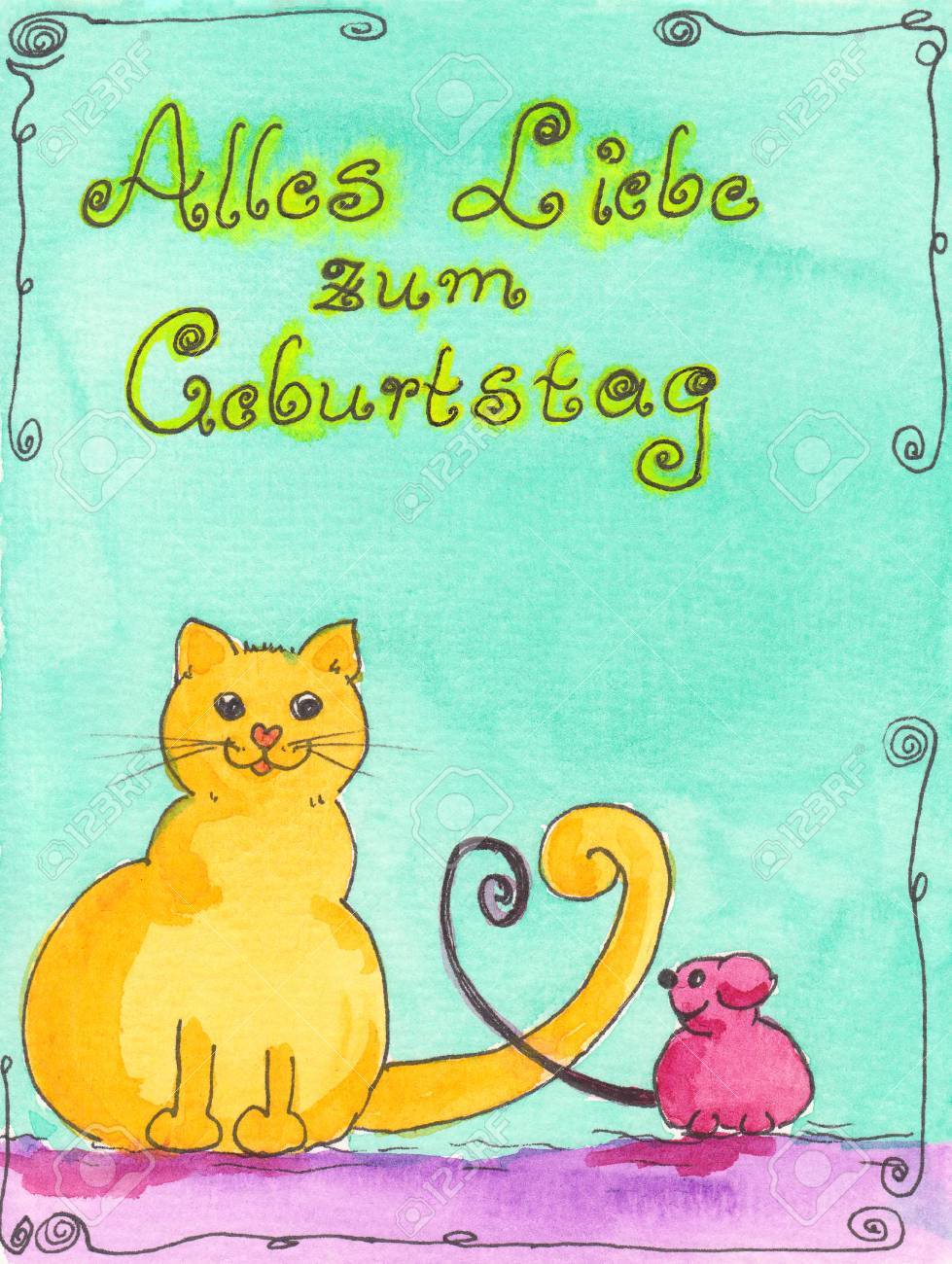 Watercolor Painting With Handwritten German Text Alles Liebe Zum Geburtstag Translates To Happy Birthday Stock Photo Picture And Royalty Free Image Image