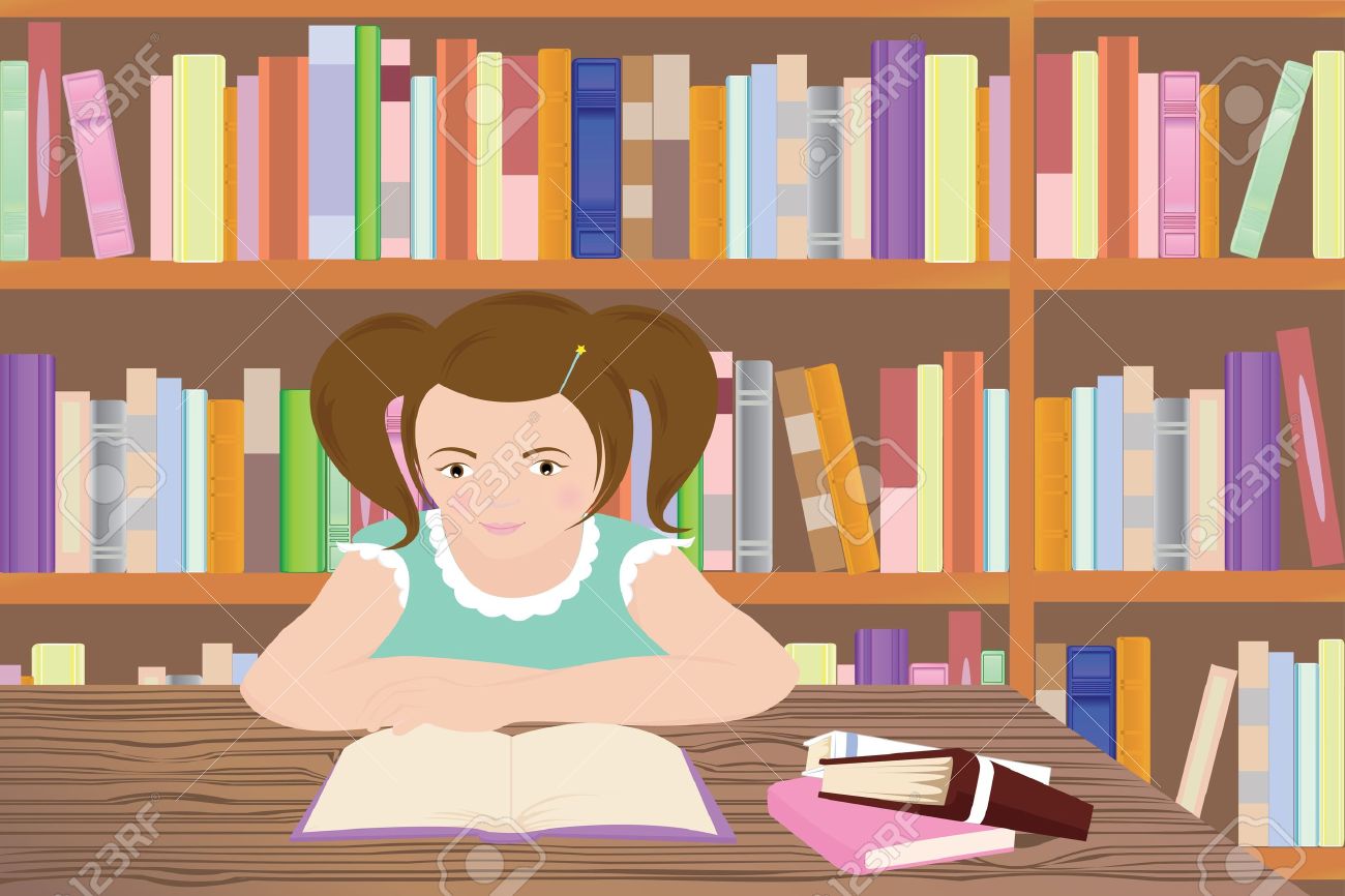 図書館で勉強していた少女のイラストのイラスト素材 ベクタ Image