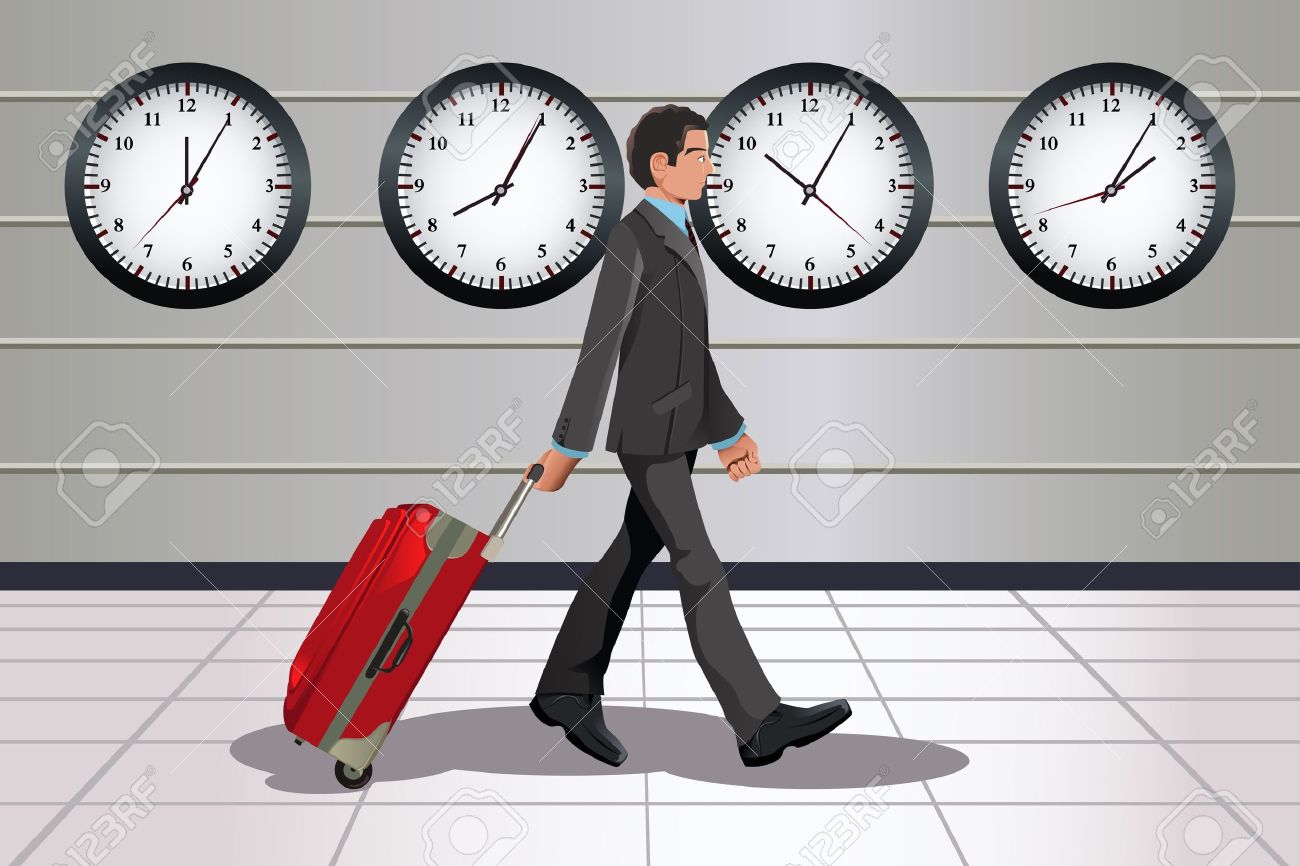A illustration of a traveling businessman pulling a luggage in the airport with clocks showing different time in the background - 10856687 A illustration of a traveling businessman pulling a luggage in the airport with clocks showing different time in the background - 10856687