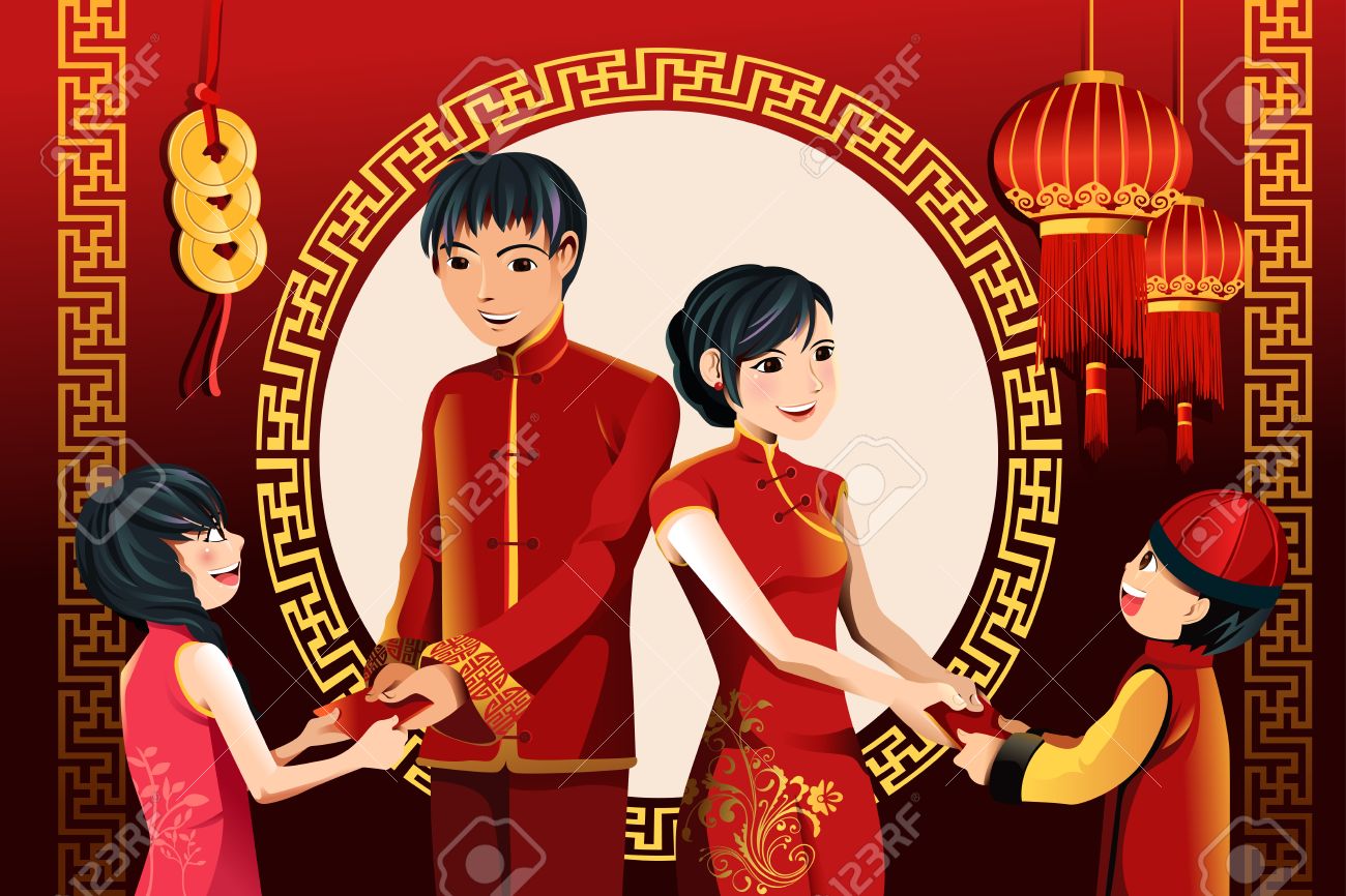 A Vector Illustration Of Asian Parents Giving Their Children Red Envelopes Hongbao Celebrating Chinese New Year Royalty Free Cliparts Vectors And Stock Illustration Image