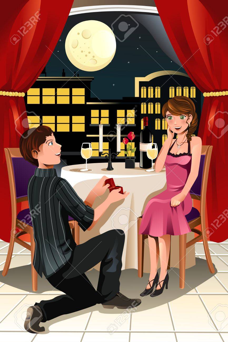 A vector illustration of a girl getting a marriage proposal from her boyfriend in a restaurant - 11764879 A vector illustration of a girl getting a marriage proposal from her boyfriend in a restaurant - 11764879