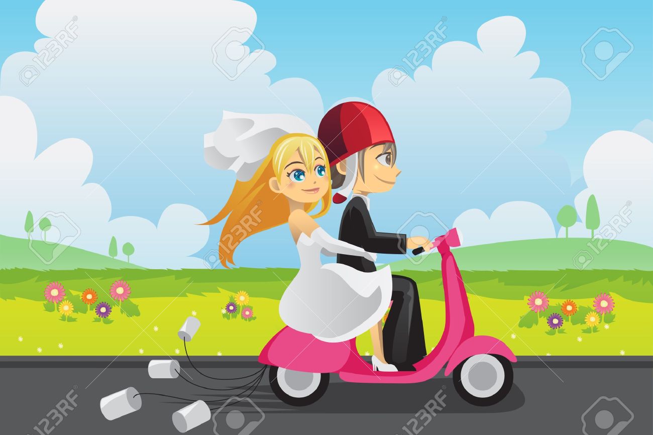 A vector illustration of a bride and a groom riding a scooter - 11764878 A vector illustration of a bride and a groom riding a scooter - 11764878