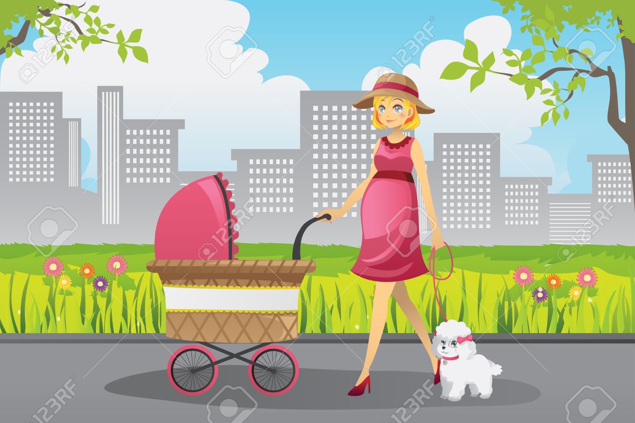 美しい妊娠中の女性が公園で彼女の犬を連れて歩いてベビーカーを押しのベクトル イラスト のイラスト素材 ベクタ Image