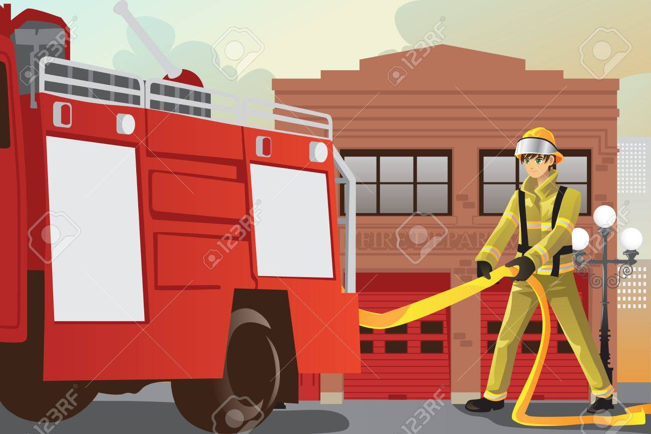彼の消防車からホースを引き出す作業消防のベクトル イラスト のイラスト素材 ベクタ Image 彼の消防車からホースを引き出す作業消防のベクトル イラスト のイラスト素材 ベクタ Image