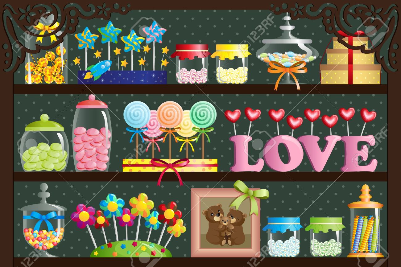 キャンディ ショップでカラフルなキャンディのイラストのイラスト素材 ベクタ Image