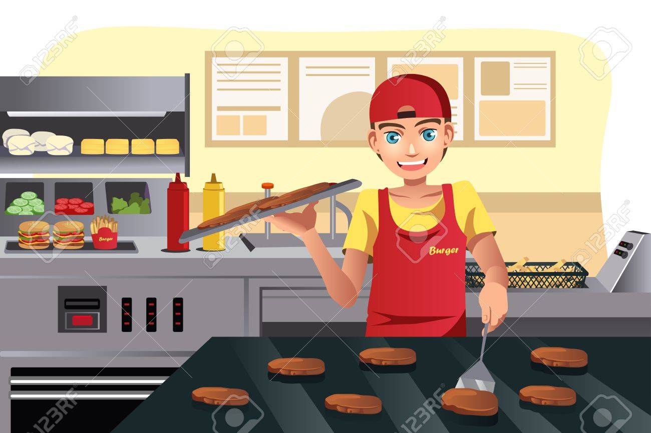 Restaurant Kitchen Illustration a illustration of a cook flipping burgers at a fast food Restaurant Kitchen Illustration a illustration of a cook flipping burgers at a fast food