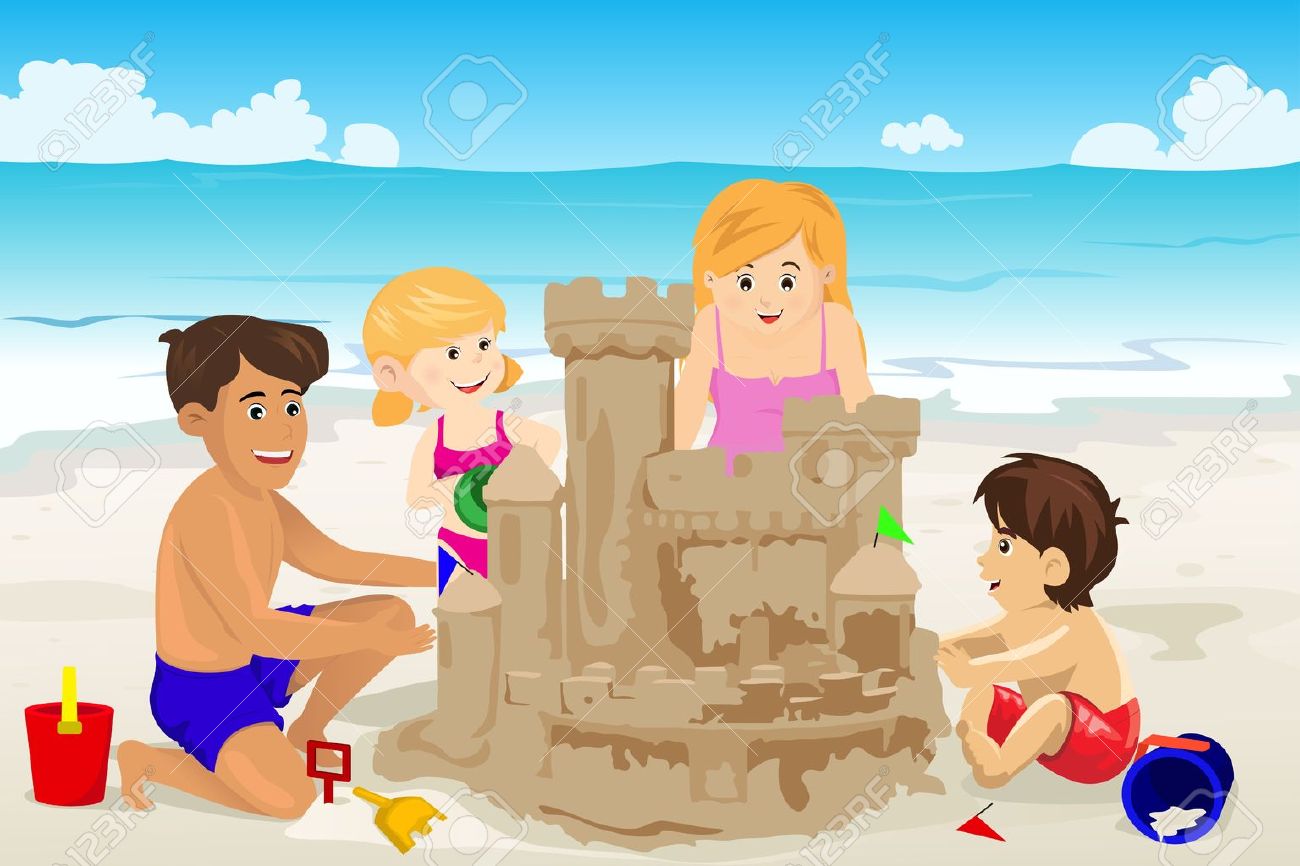 Une Illustration De La Construction Famille Heureuse Chateau De Sable Sur La Plage Clip Art Libres De Droits Vecteurs Et Illustration Image