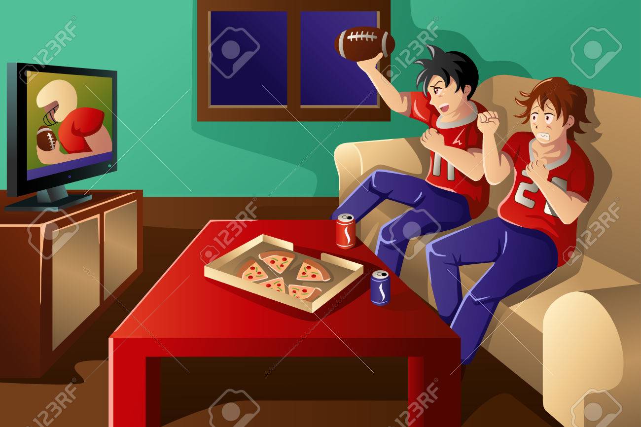 テレビでフットボールを観戦しピザを食べると飲むソーダが若者のグループのベクトル イラスト のイラスト素材 ベクタ Image