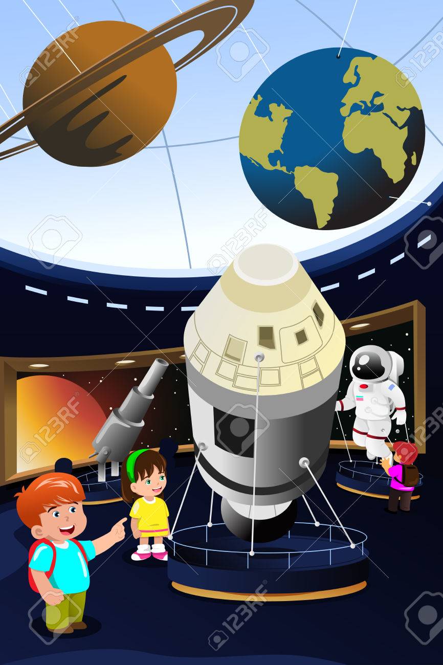 プラネタリウムへの遠足で幸せな子供のベクトル イラスト