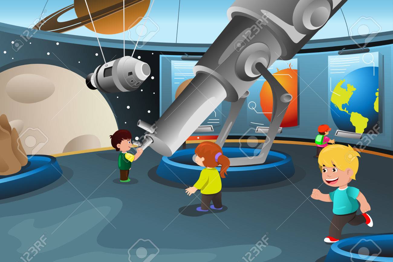 プラネタリウムへの遠足で幸せな子供のベクトル イラスト