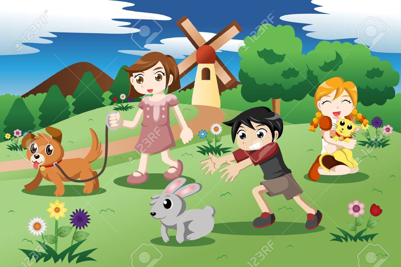Illustration Of Cute Kids Playing With Their Pets In The Garden