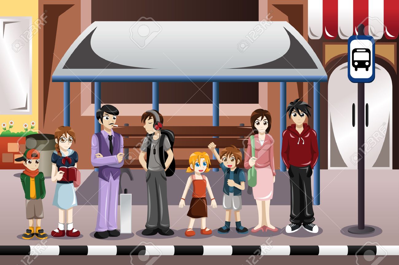illustration of people waiting for a bus in a bus stop - 28649824 illustration of people waiting for a bus in a bus stop - 28649824
