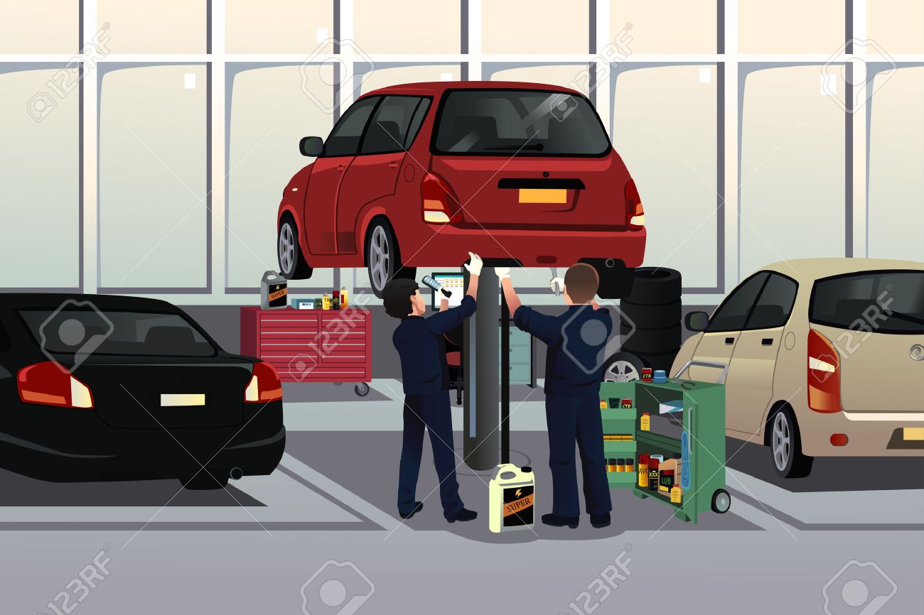 A vector illustration of auto mechanic fixing a car under the hood in the auto repair garage - 32142278 A vector illustration of auto mechanic fixing a car under the hood in the auto repair garage - 32142278
