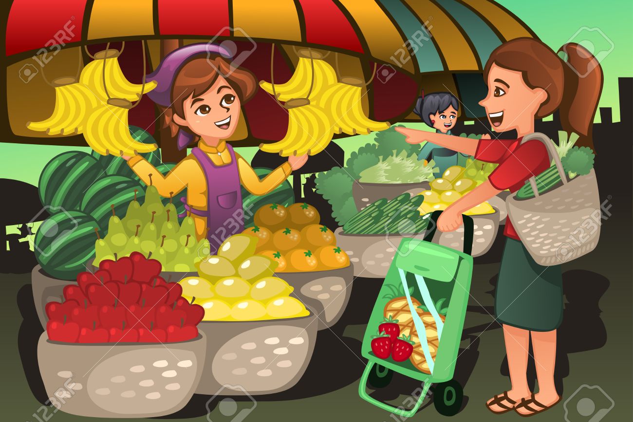 A vector illustration of fruit seller at the farmers market with a customer - 37634963 A vector illustration of fruit seller at the farmers market with a customer - 37634963
